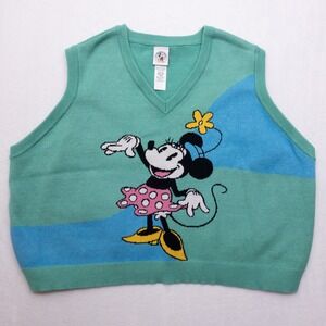 Disney Minnie Mouse Sweater Vest Women 3X Blue Green Knit V-Neck Viscose Blend